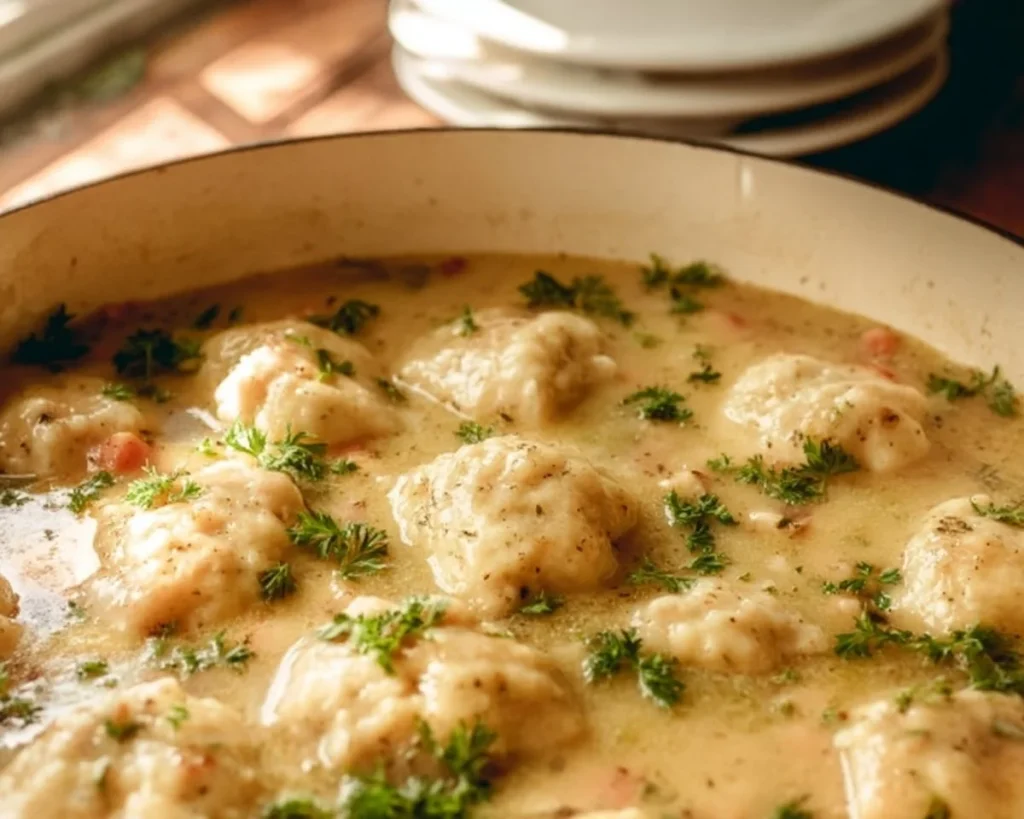 Bowl of homemade chicken and dumplings with carrots and herbs