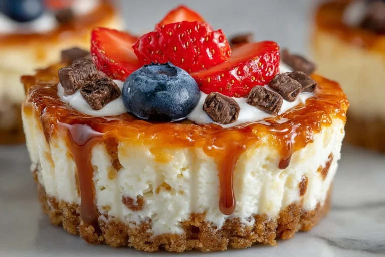 Delicious mini cheesecakes topped with fresh fruit on a serving platter.