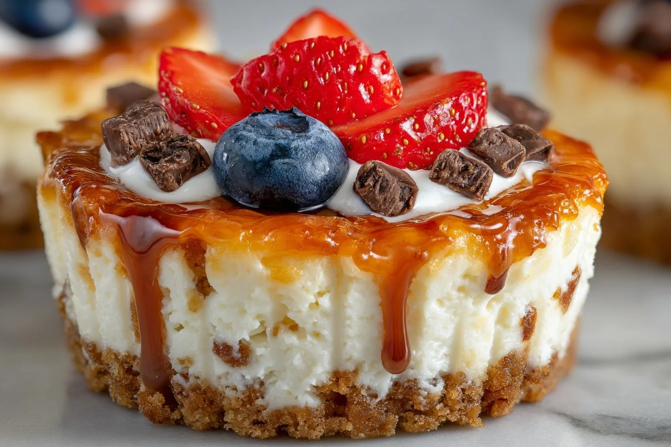 Delicious mini cheesecakes topped with fresh fruit on a serving platter.