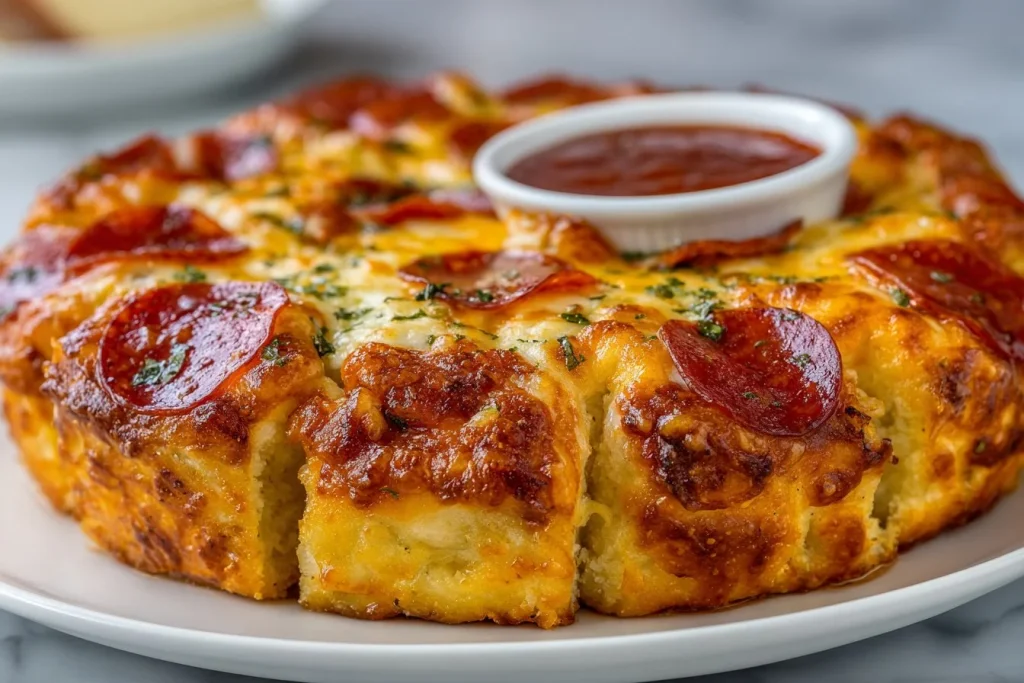 Delicious easy pizza monkey bread recipe served fresh from the oven.