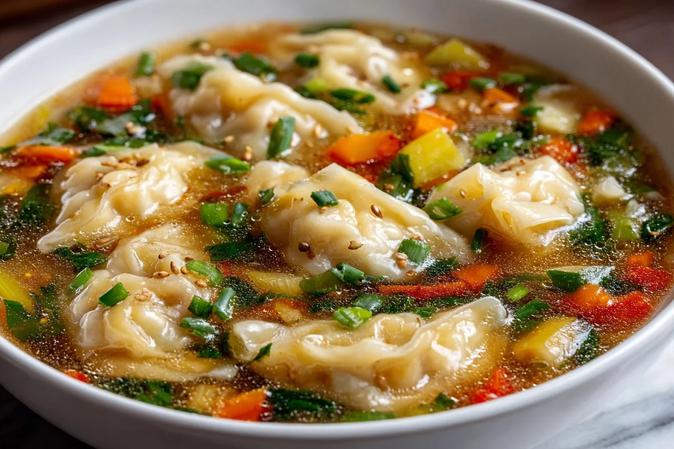 Bowl of easy potsticker soup with dumplings and green onions