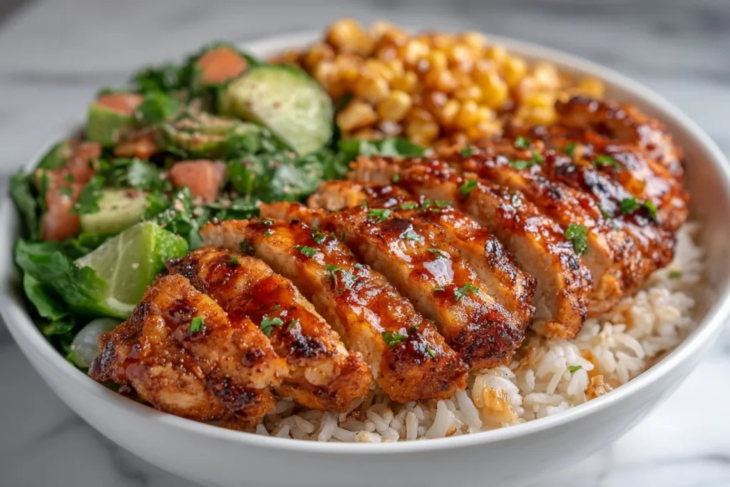 A flavorful corn chicken rice bowl garnished with fresh ingredients
