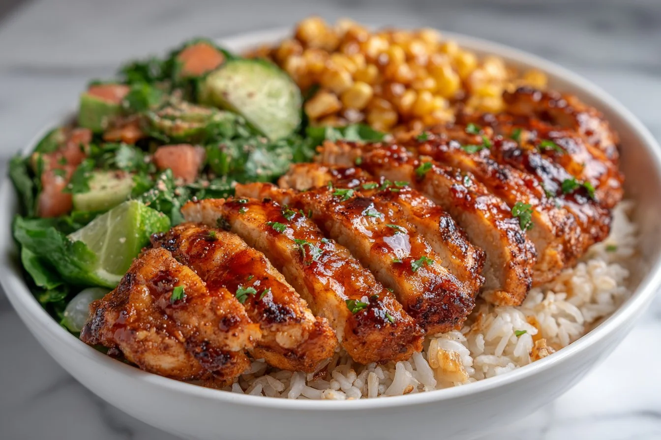 A flavorful corn chicken rice bowl garnished with fresh ingredients