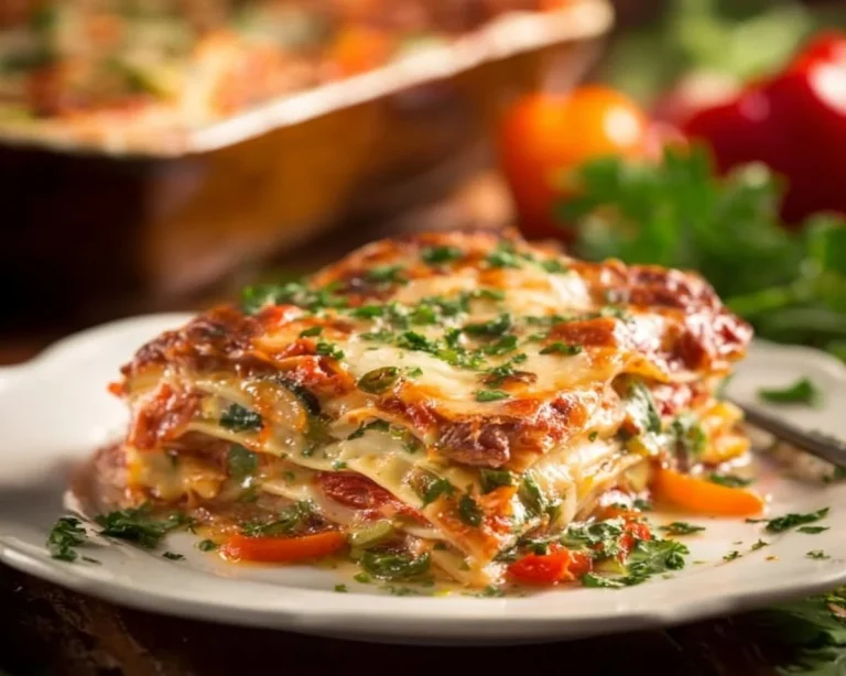 Delicious homemade easy vegetarian lasagna with layers of cheese and fresh vegetables