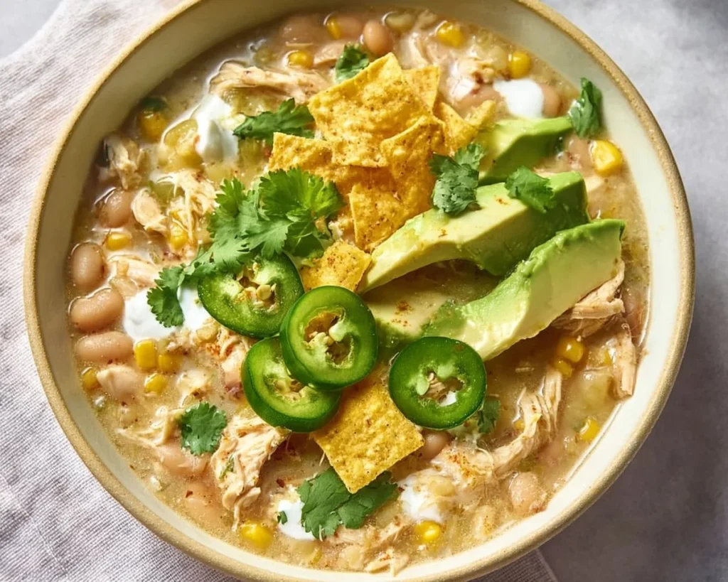 Easy white chicken chili in a bowl topped with cilantro and cheese