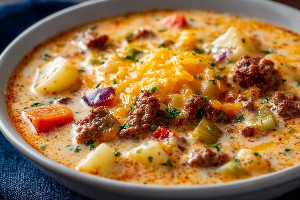 Bowl of extra creamy slow cooker cheeseburger soup garnished with fresh herbs.