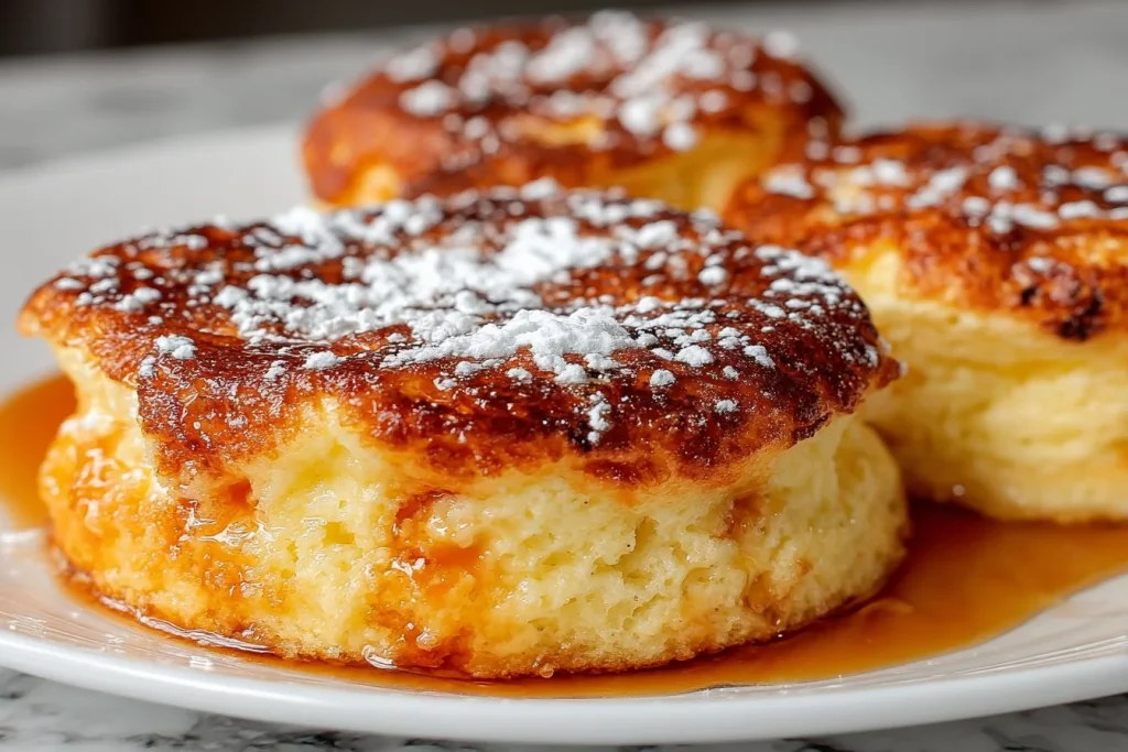 Fluffy Japanese soufflé pancakes stacked beautifully with syrup and berries