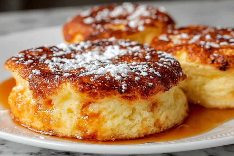 Fluffy Japanese soufflé pancakes stacked beautifully with syrup and berries