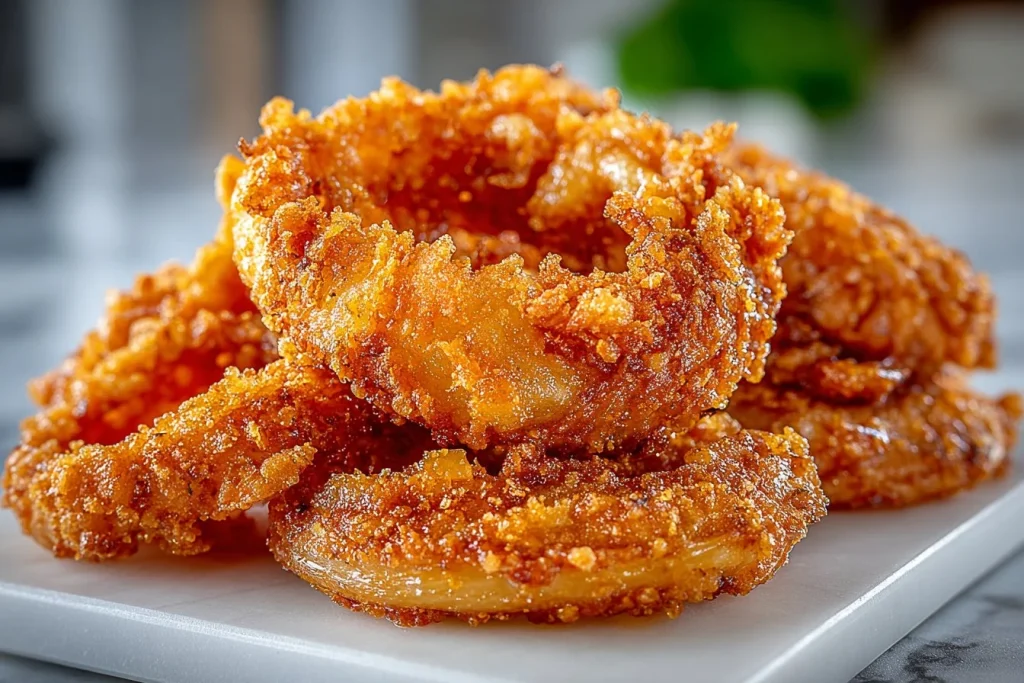 Crispy French fried onion strings served as a tasty snack.