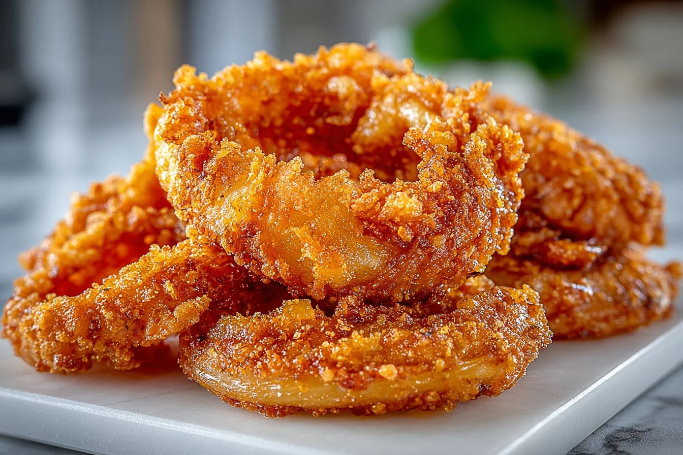 Crispy French fried onion strings served as a tasty snack.