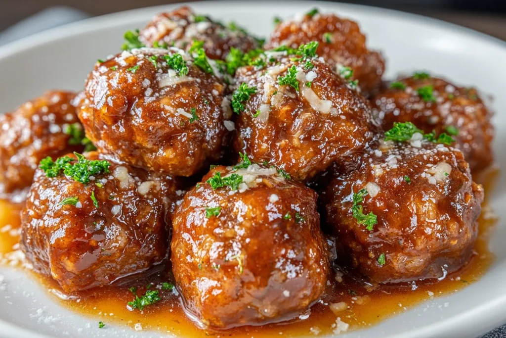 Delicious French onion meatballs served on a plate with cheese and garnishes