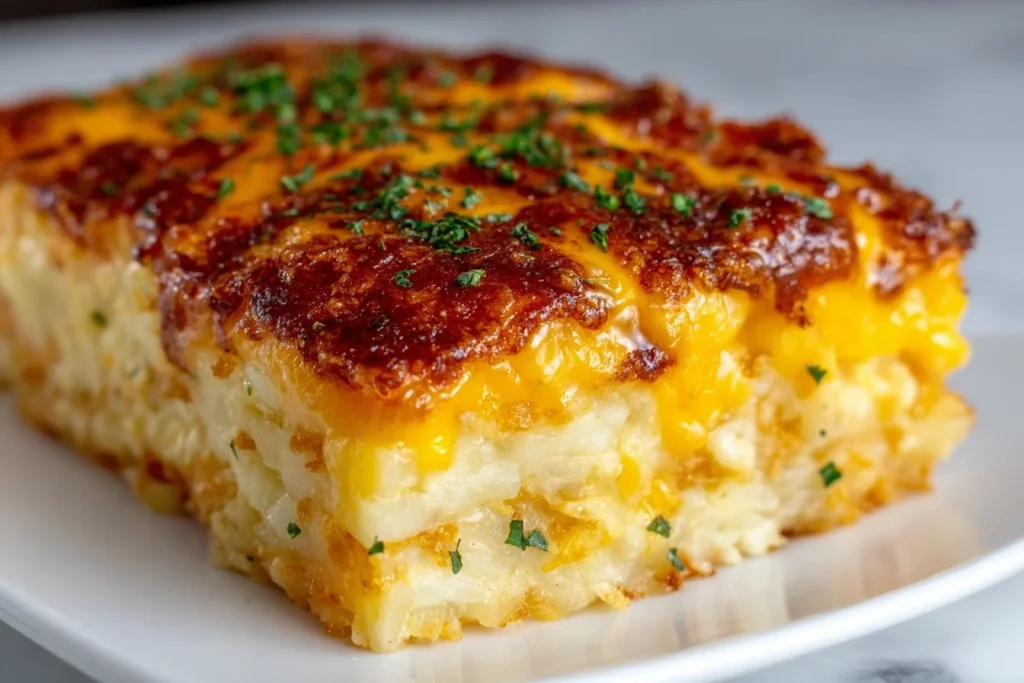 Delicious funeral potatoes casserole topped with crispy breadcrumbs.