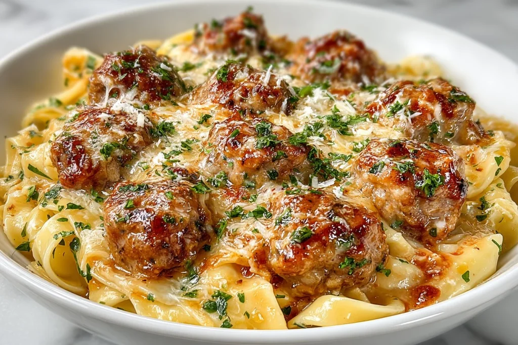 Garlic butter sausage bites served with creamy Parmesan pasta on a plate
