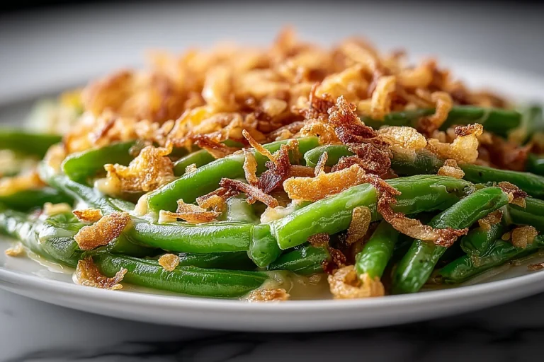 Delicious green bean casserole served in a dish, perfect for Thanksgiving dinner.
