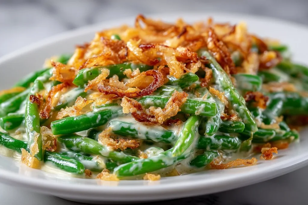 Plate of green beans with creamy sauce and crispy fried onions on top