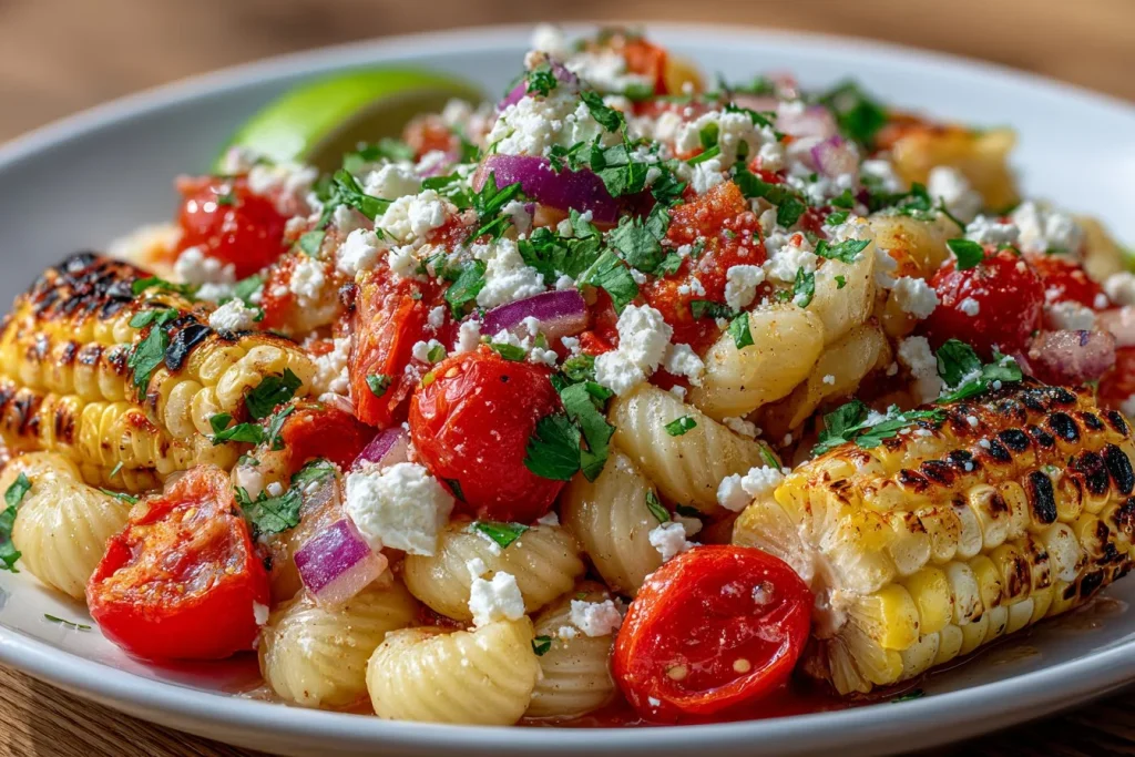 Healthy Street Corn Pasta Salad with vibrant vegetables and pasta in a bowl