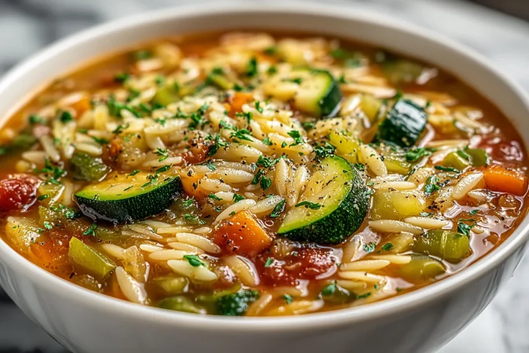 Healthy vegetable orzo soup in a bowl garnished with fresh herbs