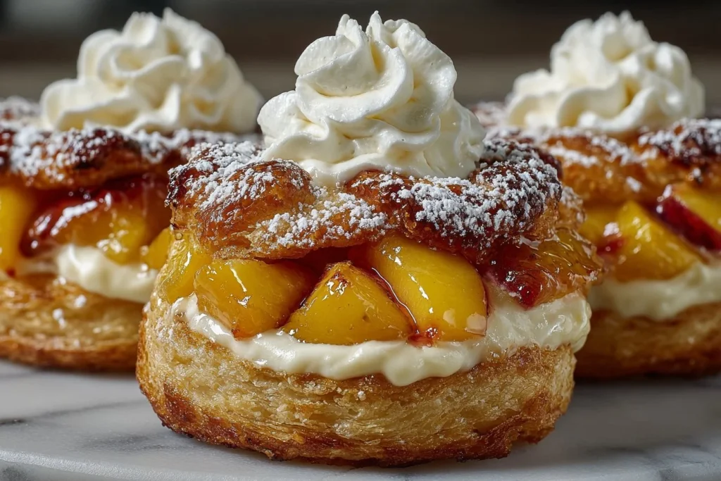 Freshly baked Peach Pie Cruffins with a golden crust and peach filling