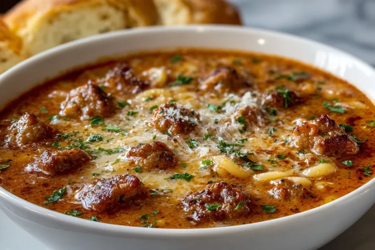 Bowl of Italian Sausage and Parmesan Soup garnished with fresh herbs