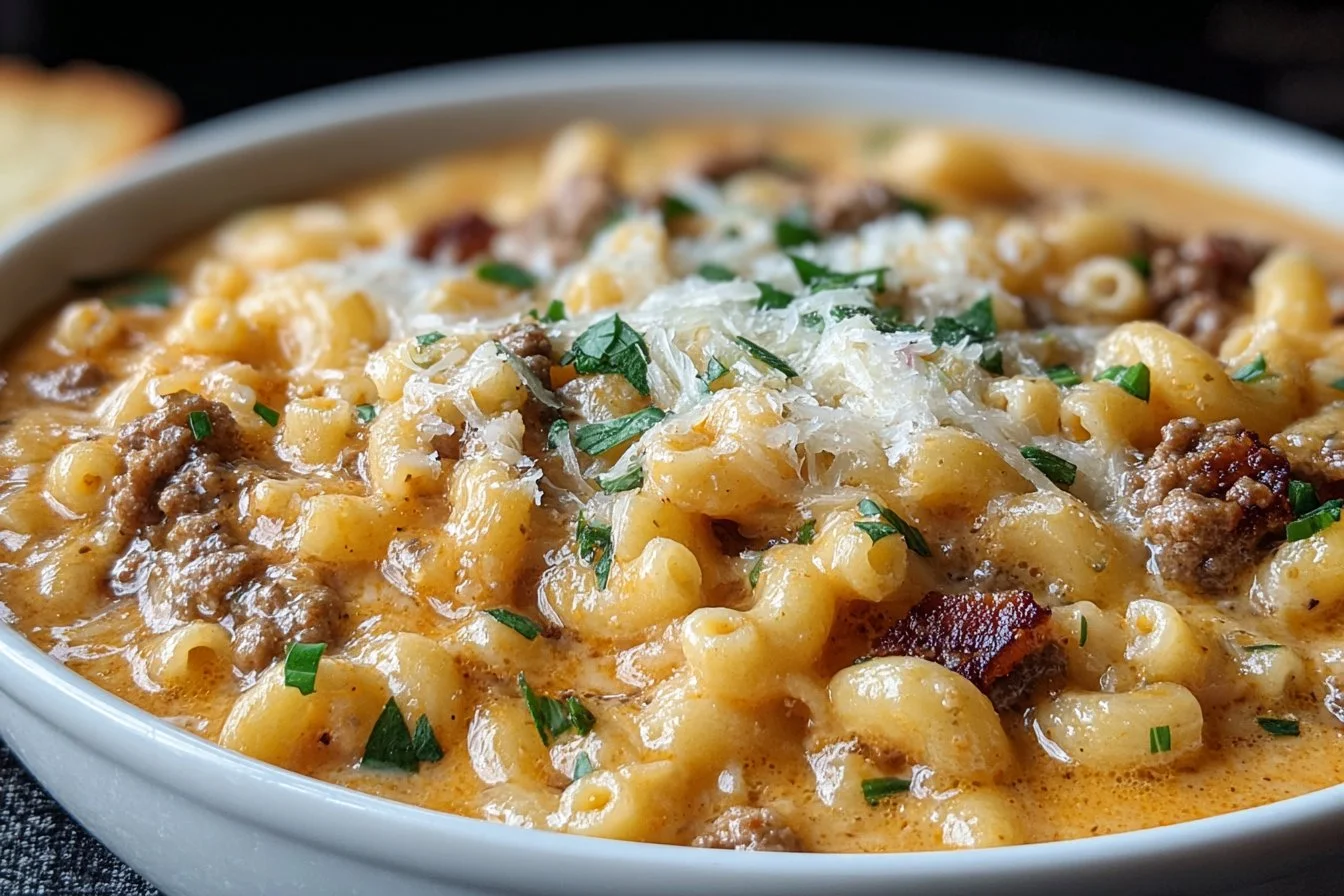 Bowl of creamy macaroni cheeseburger soup topped with cheese and herbs.