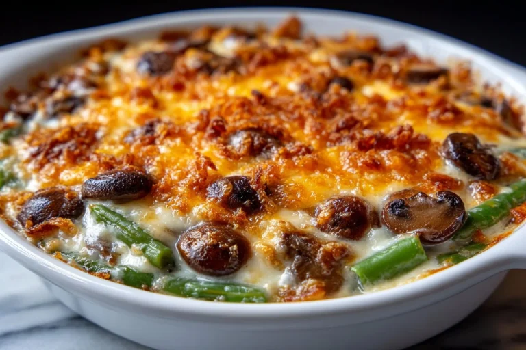 Delicious green bean casserole topped with crispy onions and ready to serve