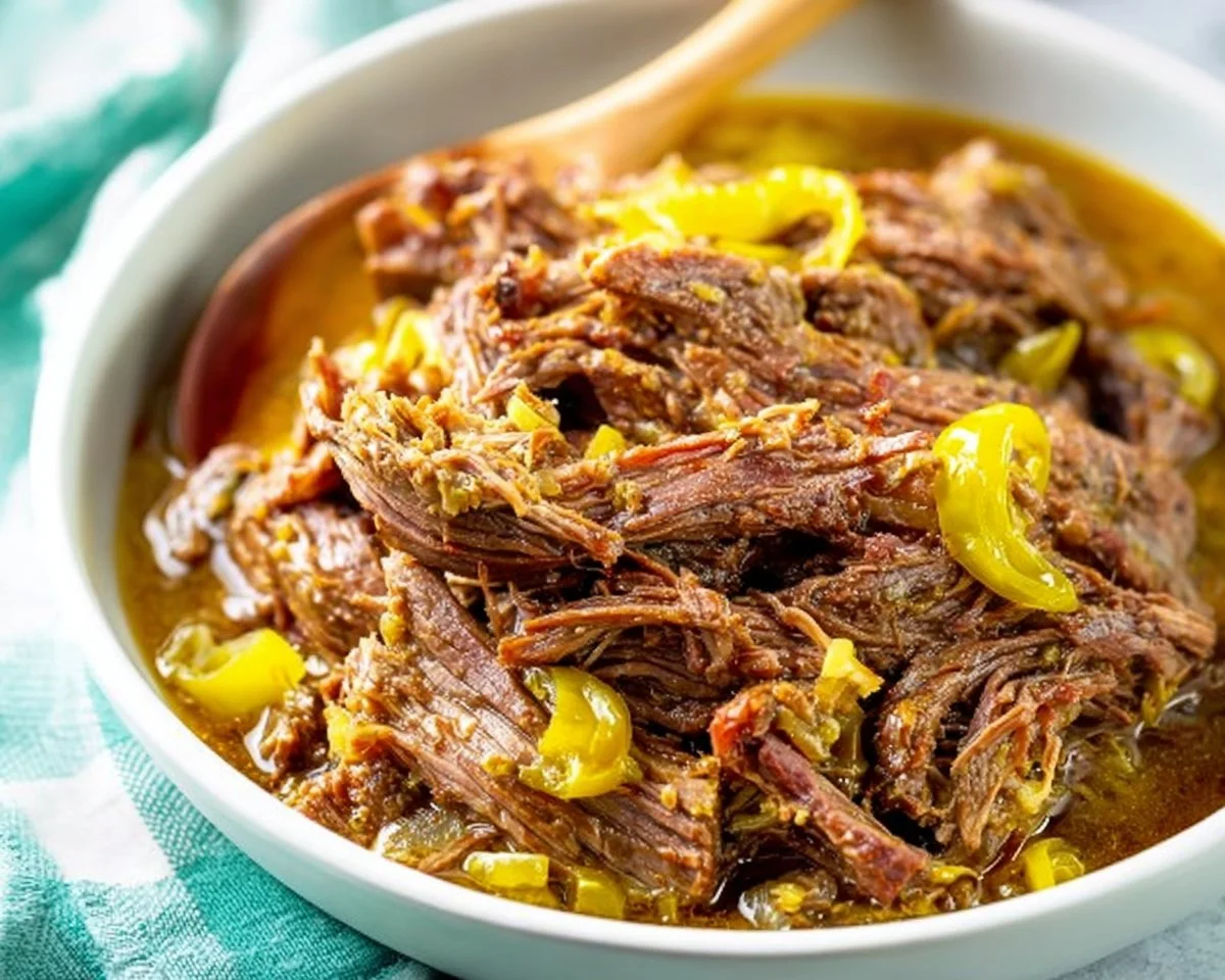 Slow cooker Italian beef served on a bun with peppers and sauce