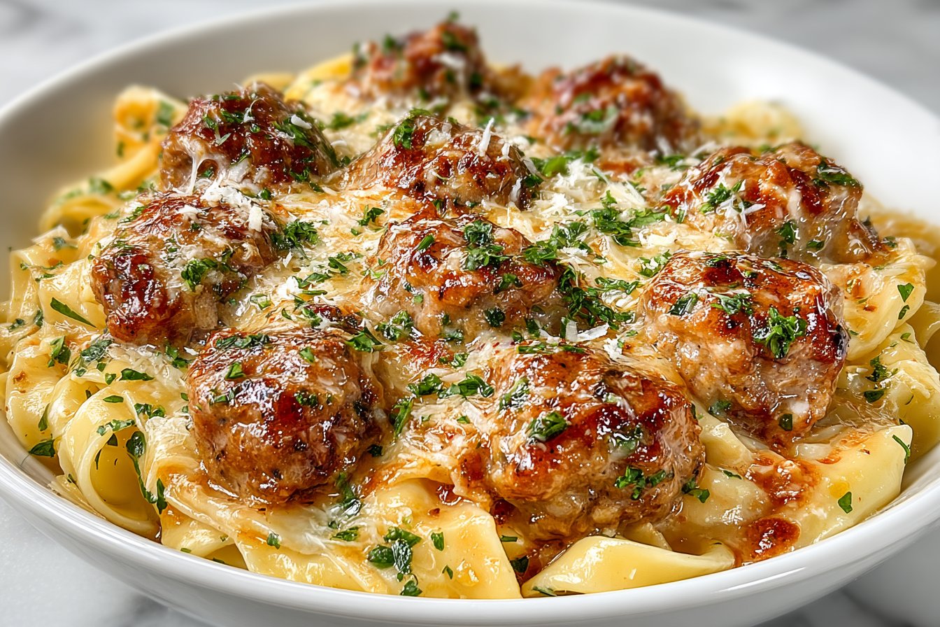 Garlic Butter Sausage Bites with Creamy Parmesan Pasta