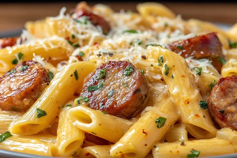 One Pan Cheesy Smoked Sausage & Pasta dish served in a skillet