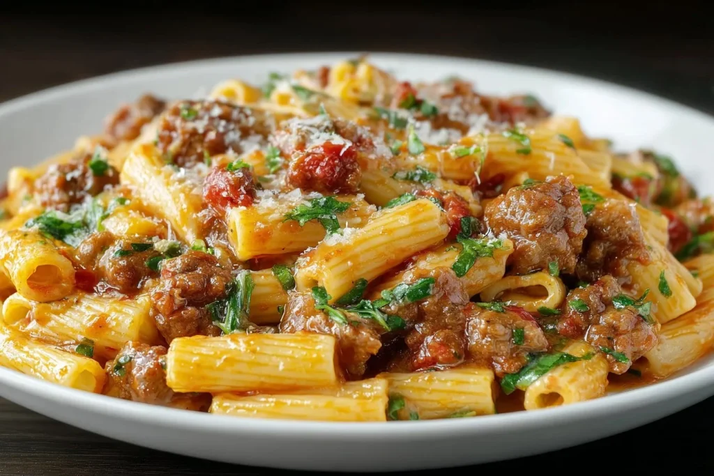 Delicious one pot cheesy sausage pasta served in a bowl