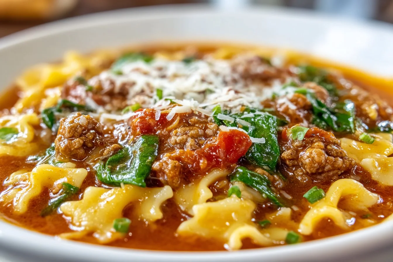 One-Pot Lasagna Soup served in a bowl with cheese and herbs