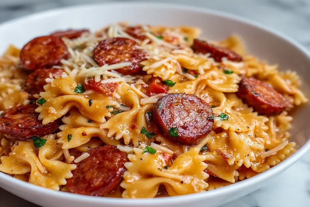 One-Pot Smoked Sausage Pasta served in a bowl, perfect for easy weeknight meals.
