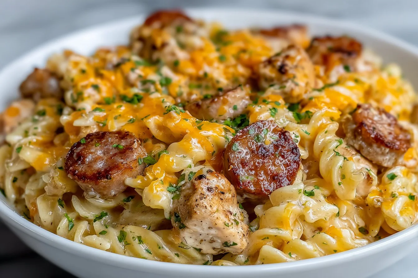 One-Pot Smoky Cheddar Ranch Chicken and Sausage Pasta dish served in a bowl