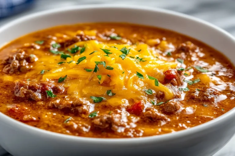 Bowl of creamy cheeseburger soup topped with cheese and herbs in a crockpot