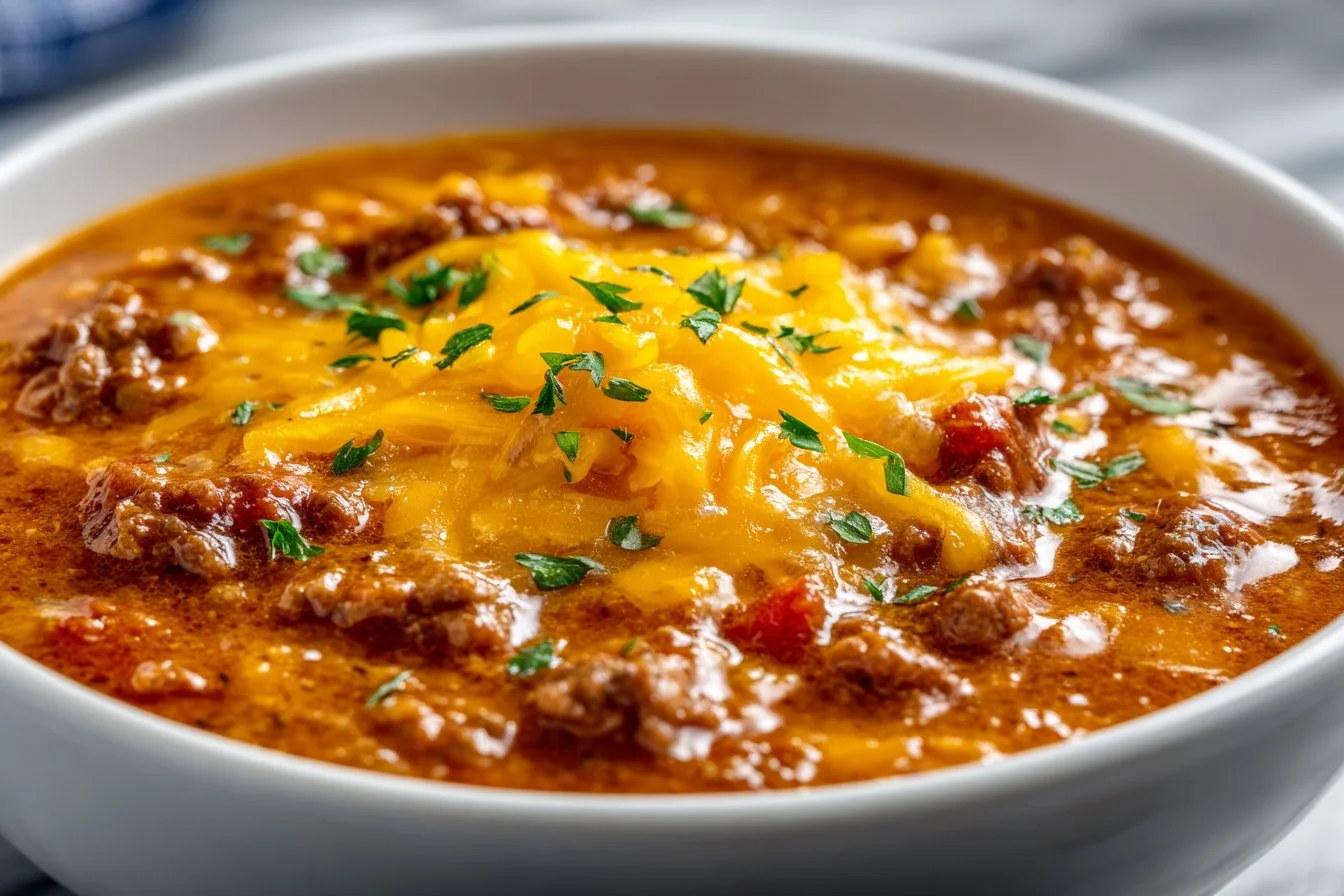 Bowl of creamy cheeseburger soup topped with cheese and herbs in a crockpot