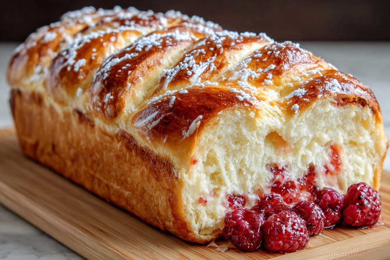Freshly baked Raspberry Swirl Brioche Loaf with vibrant raspberry filling.