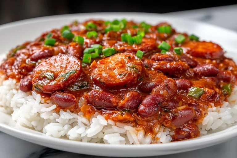 Delicious plate of red beans and rice garnished with herbs