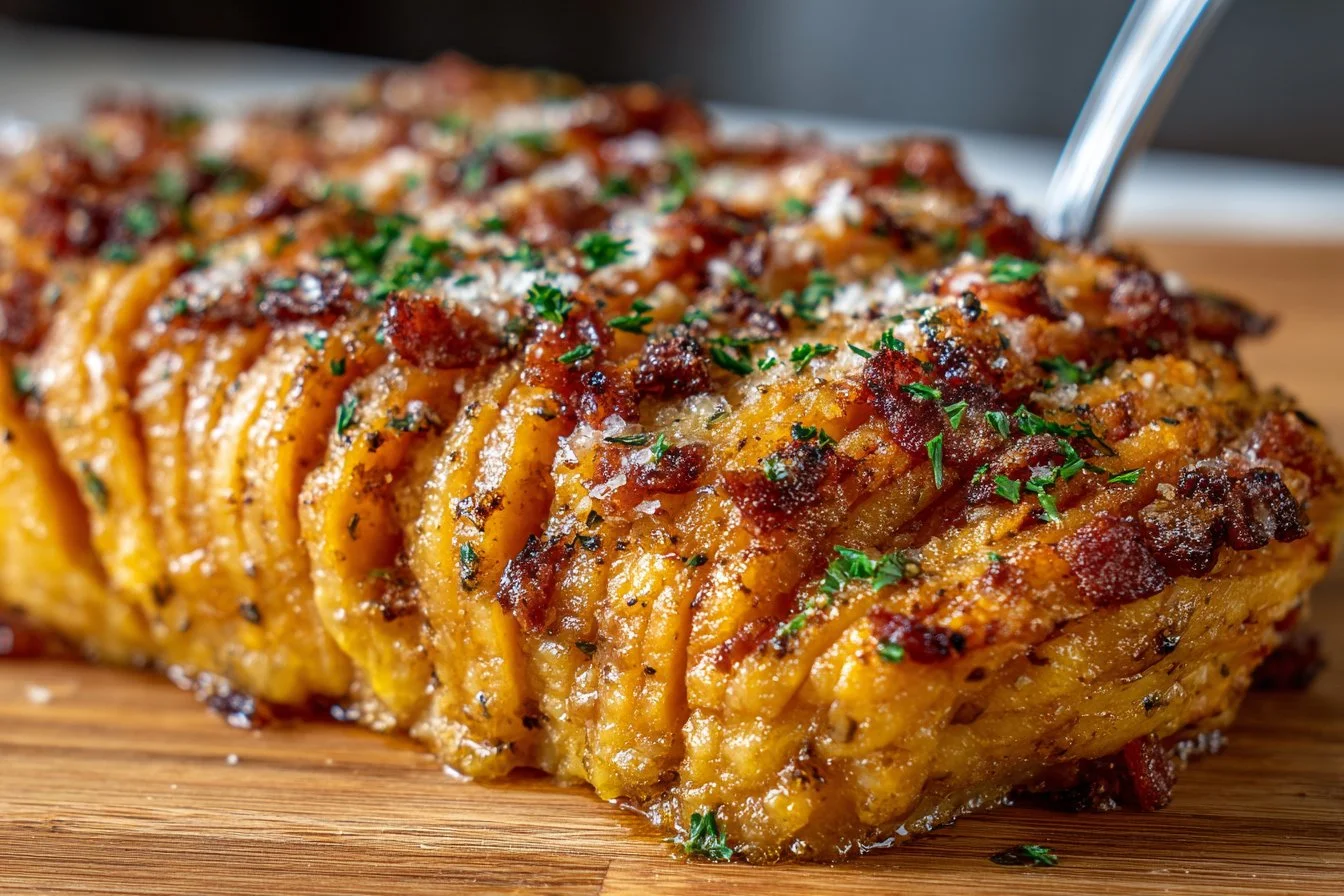 Delicious scalloped sweet potato casserole served in a baking dish