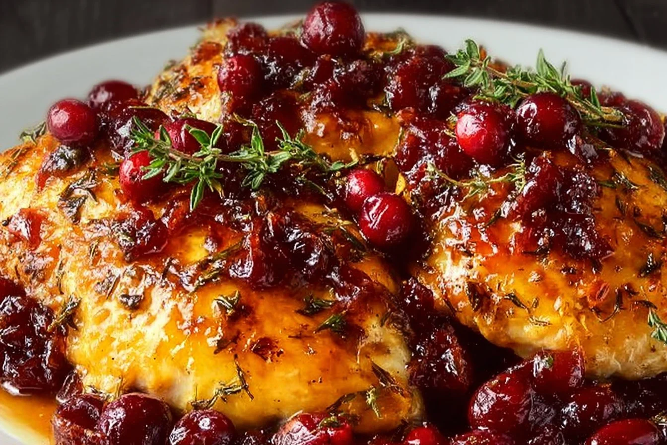 Skillet Cranberry Orange Chicken served on a plate with fresh herbs.