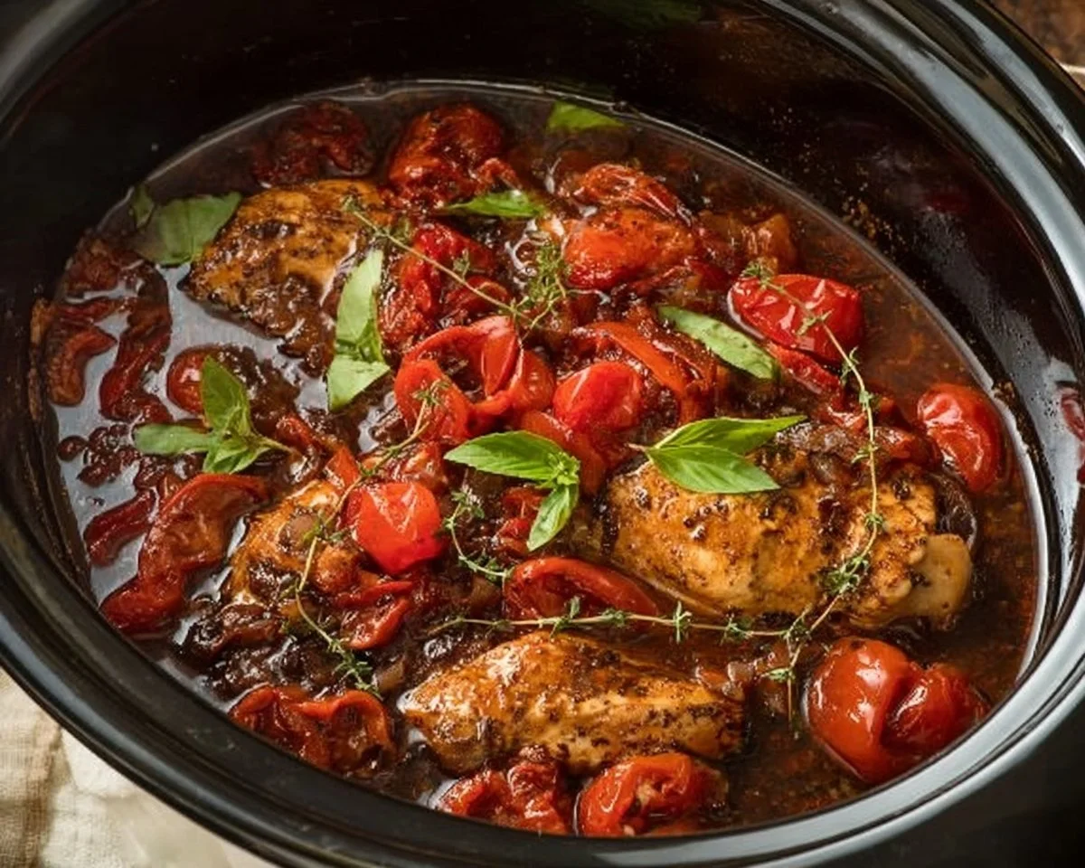 Succulent slow cooker balsamic chicken served with fresh herbs and vegetables