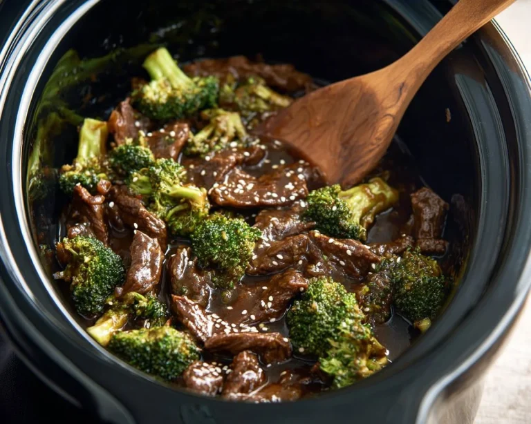 Slow cooker broccoli beef with tender beef slices and fresh broccoli