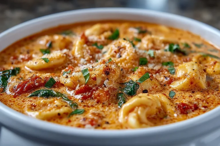 Slow cooker creamy tortellini soup garnished with herbs in a bowl