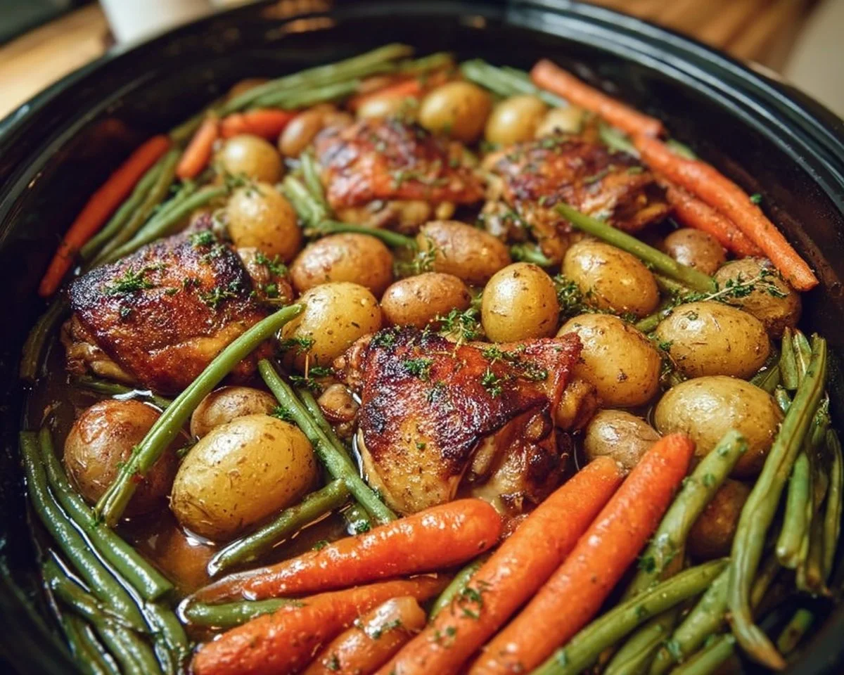 Slow cooker honey garlic chicken served with fresh vegetables