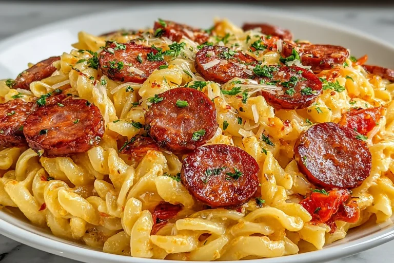 Smoked beef sausage and mozzarella pasta dish garnished with herbs