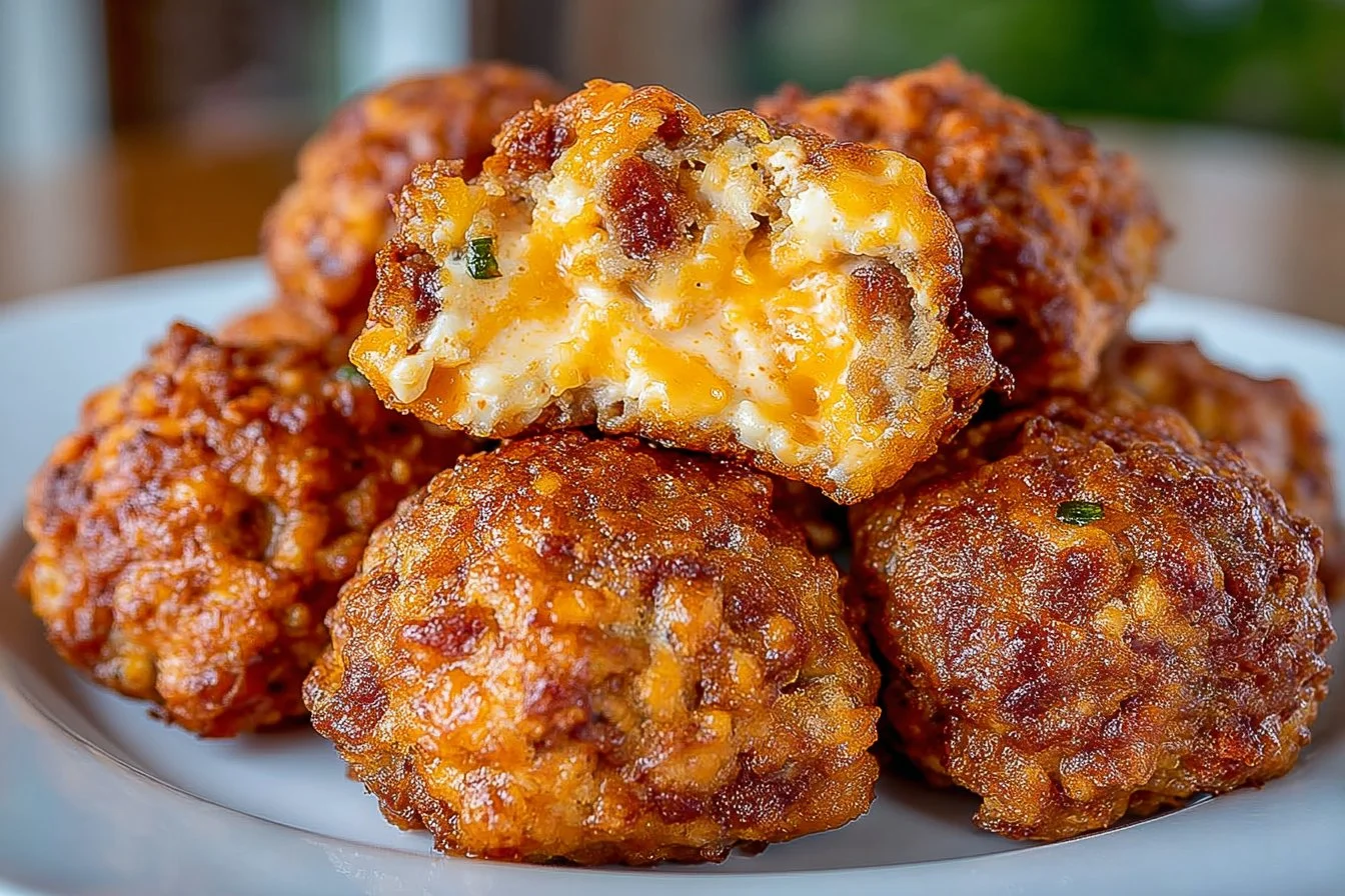 Bowl of spicy Rotel cream cheese sausage balls ready for serving.
