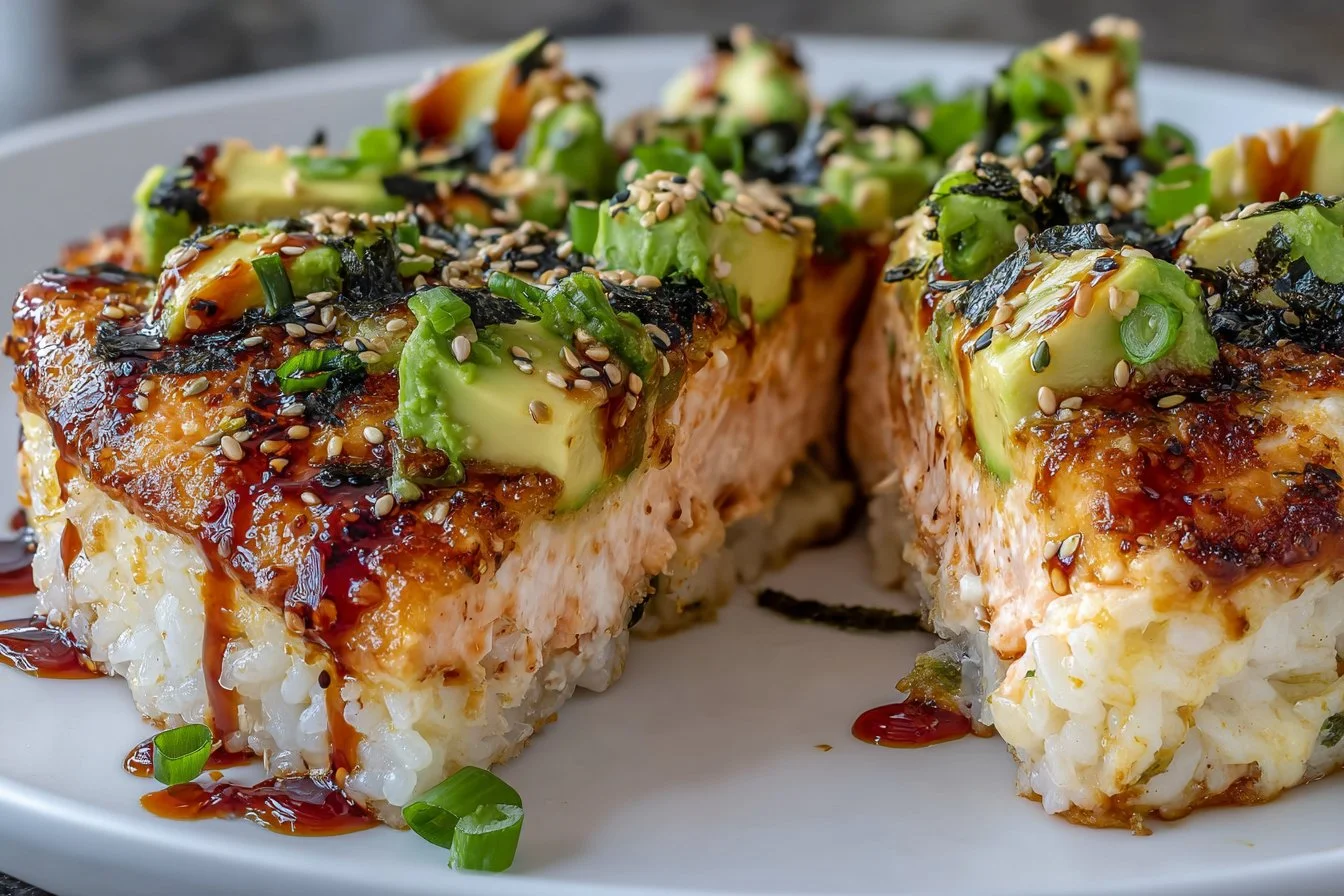A delicious spicy salmon sushi bake dish served with fresh ingredients.