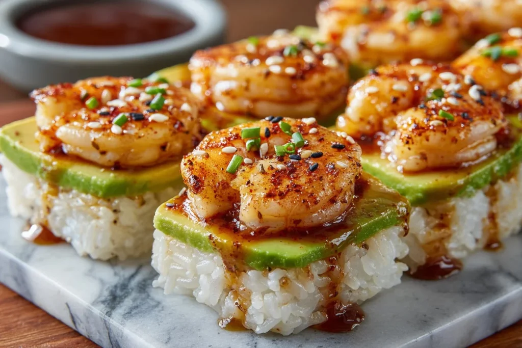 Delicious Spicy Shrimp Sushi Stacks ready to be enjoyed.