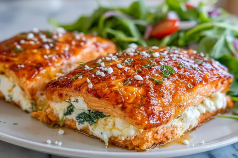 Spinach and Cheese Salmon Wellington on a plate with garnish