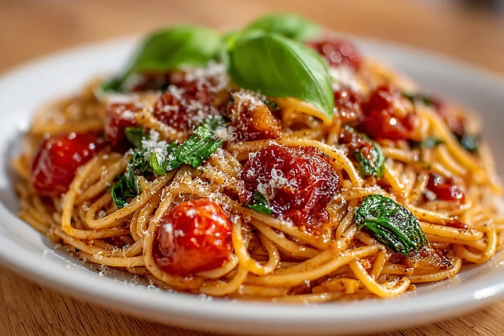 Delicious Spinach Tomato Pasta served with fresh basil and cheese