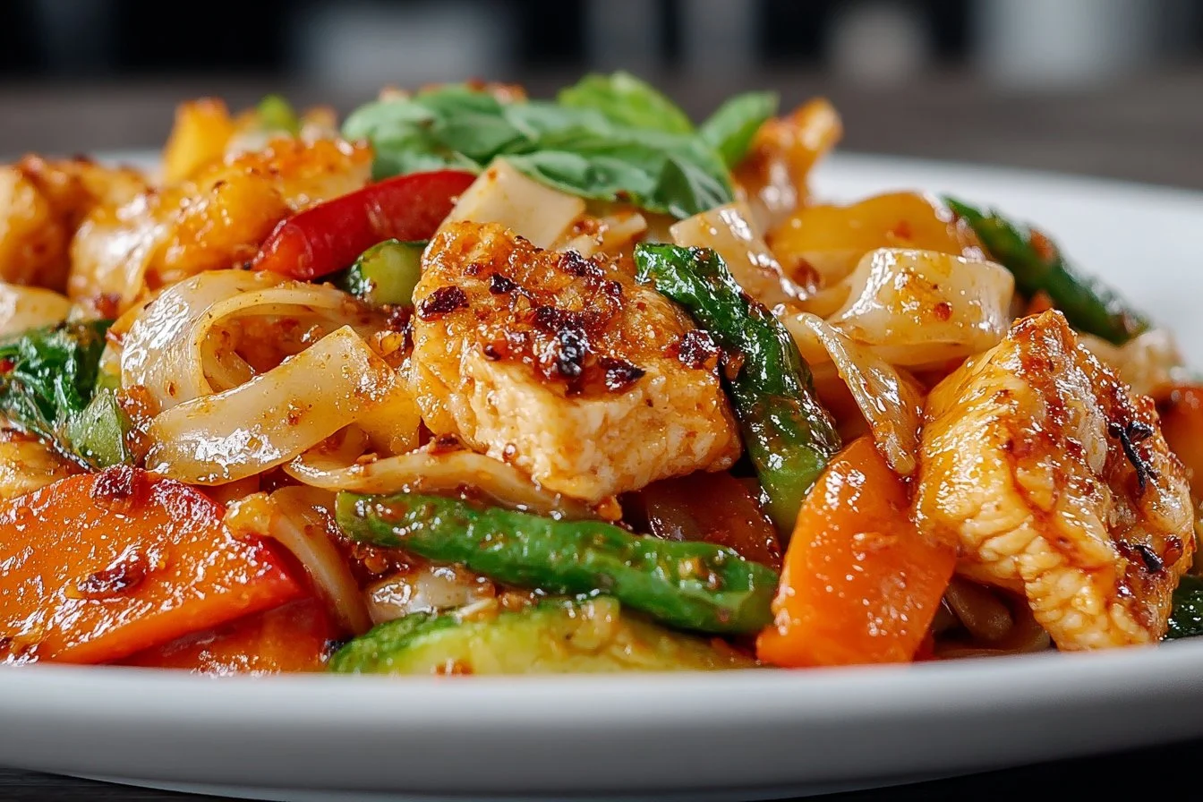 A plate of Thai drunken noodles garnished with fresh basil and vegetables.