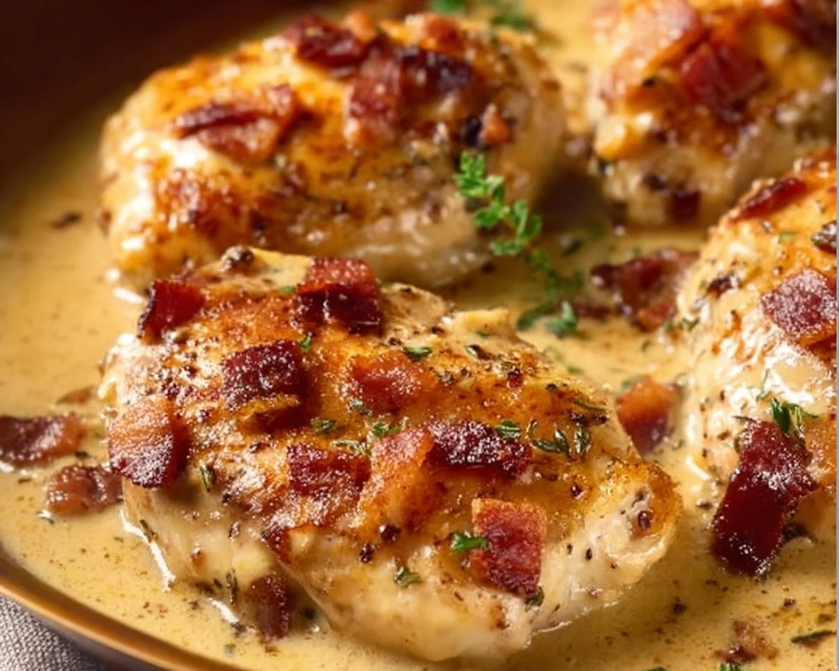 Creamy bacon chicken dish served on a plate, garnished with herbs.